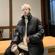 潮牌拼接PU皮保暖羽绒棉服男加厚外套M1605P100直播，男装棉衣，星座1904A-1