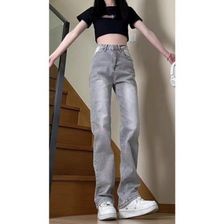 美式烟灰色牛仔裤男女款秋冬加绒高腰裤子高街vibe弯刀微喇叭裤潮,男装牛仔裤,星座302B
