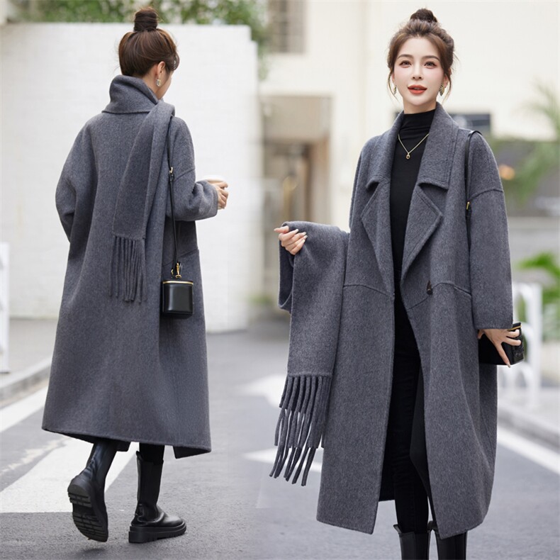 深灰双面羊绒大衣女中长款宽围巾松杭州秋冬韩版时尚毛呢外套，女装毛呢外套，乐吉娜