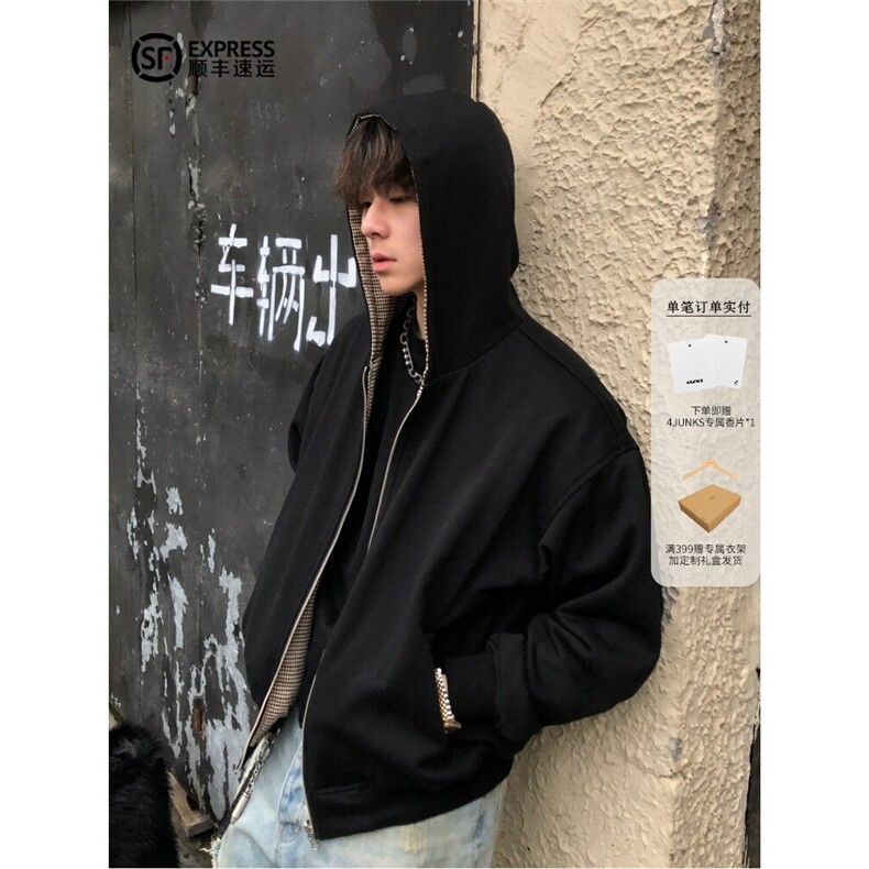 复古千鸟格双面穿格子拉链开衫卫衣cleanfit外套WY189,女装短外套,星座516A