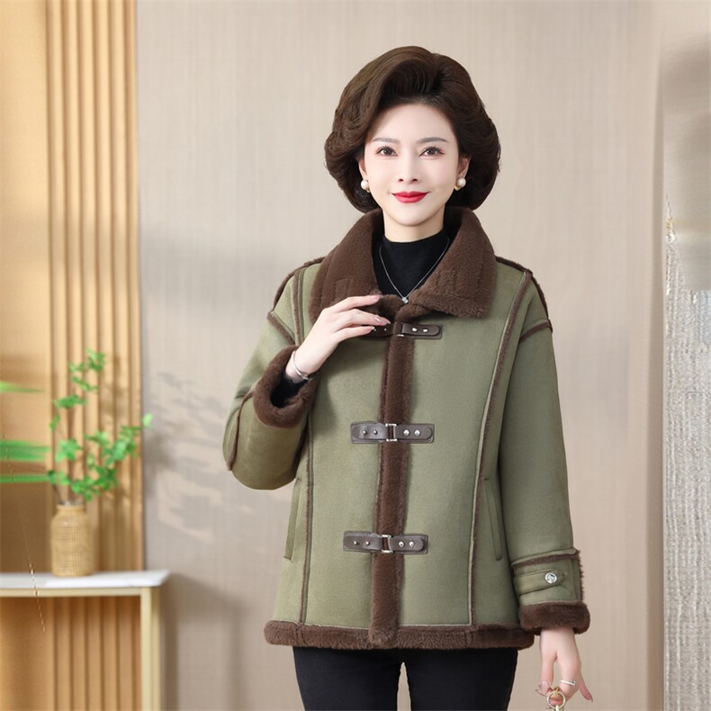 新款加绒加厚翻领带皮袢皮毛一体外套626P145,女装短外套,乐衣轩
