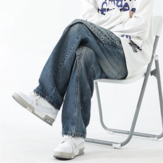欧美拼接宽松直筒休闲长裤高街潮牌做旧百搭牛仔裤男K7263-P50，男装牛仔裤，星座512-4