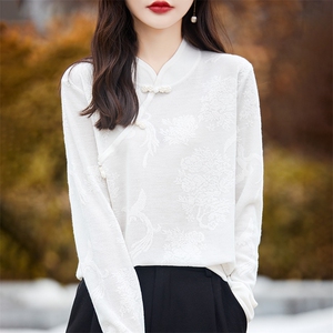 春秋立领盘扣精纺羊毛衫女复古中国风提花长袖毛衣蕾丝钩花打底衫图片