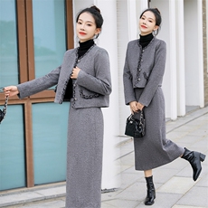 欧货羽绒服小香风短外套气质半身裙两件套女冬毛呢半身裙套装，女装套装/套裙，曼娅璐