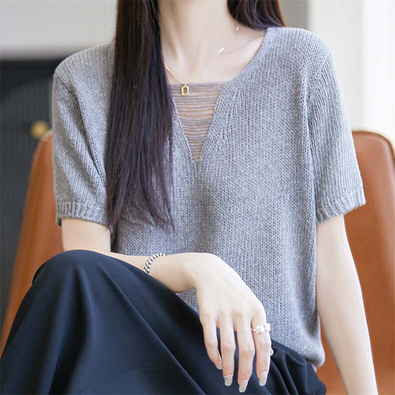 夏季v领天丝亚麻针织短袖t恤女宽松镂空显瘦套头半袖打底纯色上衣,针织衫/毛衣,唐诺