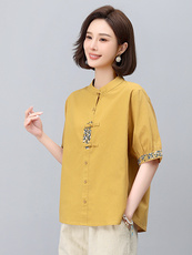 新中式国风刺绣棉麻衬衫女2025年夏季新款妈妈宽松遮肚子亚麻上衣，女装大码女装，依恋蒂丝