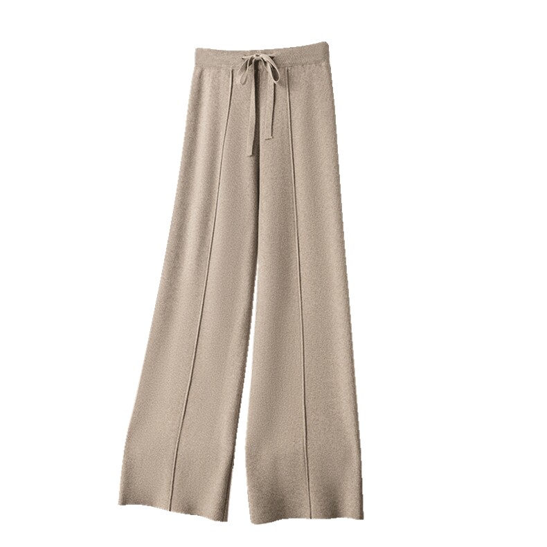 羊毛针织阔腿裤女秋冬新款高腰垂感直筒宽松休闲拖地长裤加厚,女装休闲裤,欣美羊绒