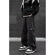 港风秋款男牛仔裤侧边开叉长拉链工装织带直筒休闲长裤NK30P53，男装牛仔裤，星座1013-1