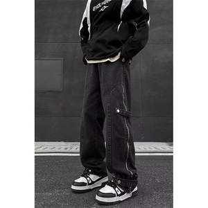 港风秋款男牛仔裤侧边开叉长拉链工装织带直筒休闲长裤NK30 P53图片