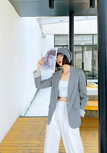 现货，春软，格子西装收腰型外套,女装西装,锦华秀逸