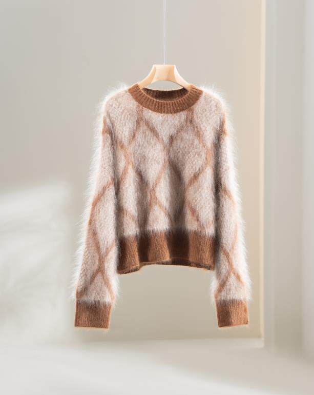 2025秋冬百搭时尚简约圆领短款菱形羊绒衫，女装羊绒衫，伊纯羊绒