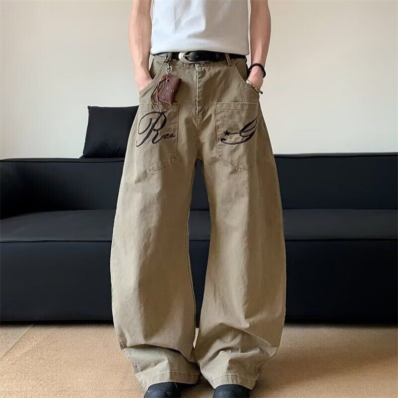 美式复古刺绣字母牛仔弯刀裤女2025夏装新款高个子工装阔腿长裤潮图片