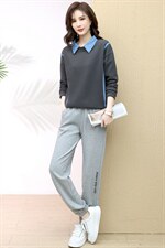 拼接假两件卫衣女百搭新款女装韩版宽松长袖卫裤两件套，女装卫衣/绒衫，涵誉