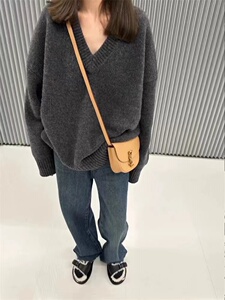新款慵懒风软糯全V领针织衫毛衣女打底衫图片