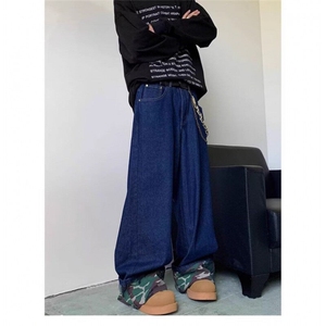 迷彩卷边牛仔裤男女宽松阔腿裤子美式复古设计1001-1-N7784-P48图片