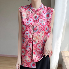 缎面古风立领盘扣不对称马甲，女装T恤，圣丽羊绒