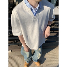 夏季重磅纯棉假两件衬衣纯色短袖上衣时尚个性潮男款，男装T恤，星座1013