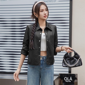 BAO海宁春季薄款皮衣外套女短款年轻时尚百搭仿绵羊皮皮夹克潮图片