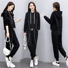 2021春季新款时尚休闲舒适腰部系带修身显瘦气质连帽两件套，女装套装/套裙，魅影