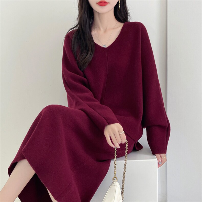 韩版高级感V领100%羊绒套装女慵懒宽松大码蝙蝠袖毛衣开叉半身裙,女装套装/套裙,美雪羊绒
