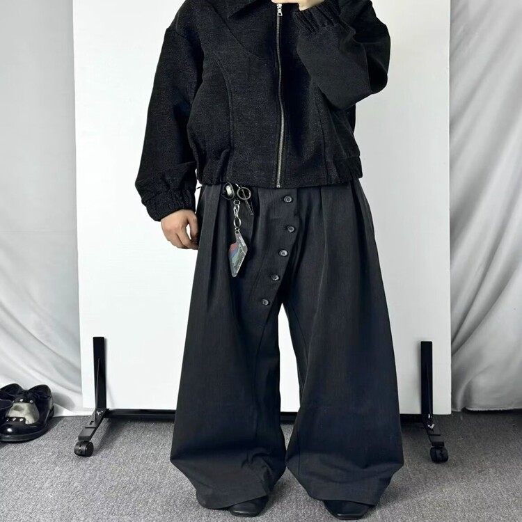 新款美式复古环形纽扣西装裤子男女春季慵懒高级松弛宽松拖地长裤,男装西服套装,星座218-8