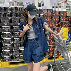 深蓝色休闲牛仔套装女2024夏新款宽松短袖衬衫高腰阔腿短裤两件套，女装套装/套裙，菡迪欧娜