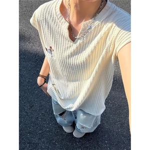 刺绣腊肠狗肌理感坎肩背心男夏季凉感透气无袖T恤v领汗衫 TZ116图片