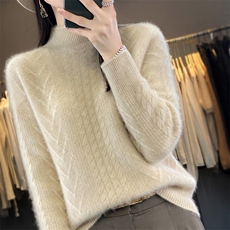 秋冬新款100%纯羊毛衫女半高领扭花加厚毛衣宽松羊绒衫针织打底衫，女装羊毛衫，琳华羊绒