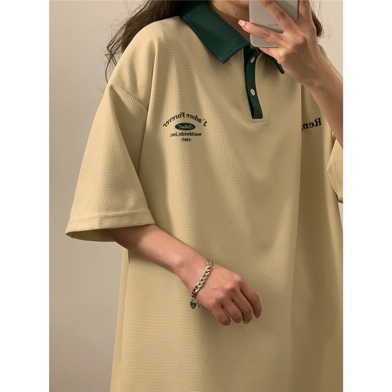 港风2024中性夏装宽松polo衫翻领男女情侣装夏季短袖T恤S187-P48,男装Polo衫,电商A233-1