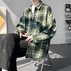 衬衫男春季新款港风宽松大码磨毛格子长袖衬衣CS2018-P35，男装衬衫，星座214-3