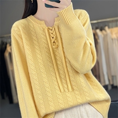 2025年秋季新款百搭女士系带绞花毛衣，女装羊毛衫，宛庄羊绒