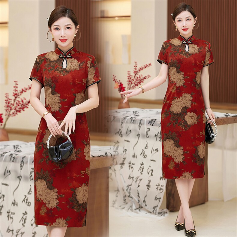 妈妈旗袍送考红色夏季旗开得胜复古高贵高级感喜婆婆婚宴日常可穿，女装汉服/婚纱/旗袍/礼服，小荷流