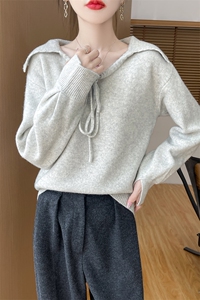翻领100%纯羊毛衫女V领抽绳针织毛衣甜美宽松慵懒羊绒衫打底上衣图片