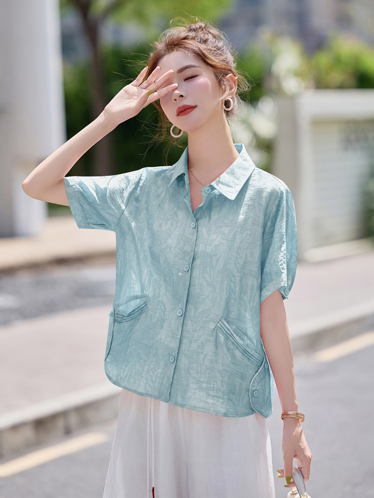 莱赛尔天丝提花短袖衬衫女2025夏季新款气质翻领洋气减龄小衫上衣,女装衬衫,余墨