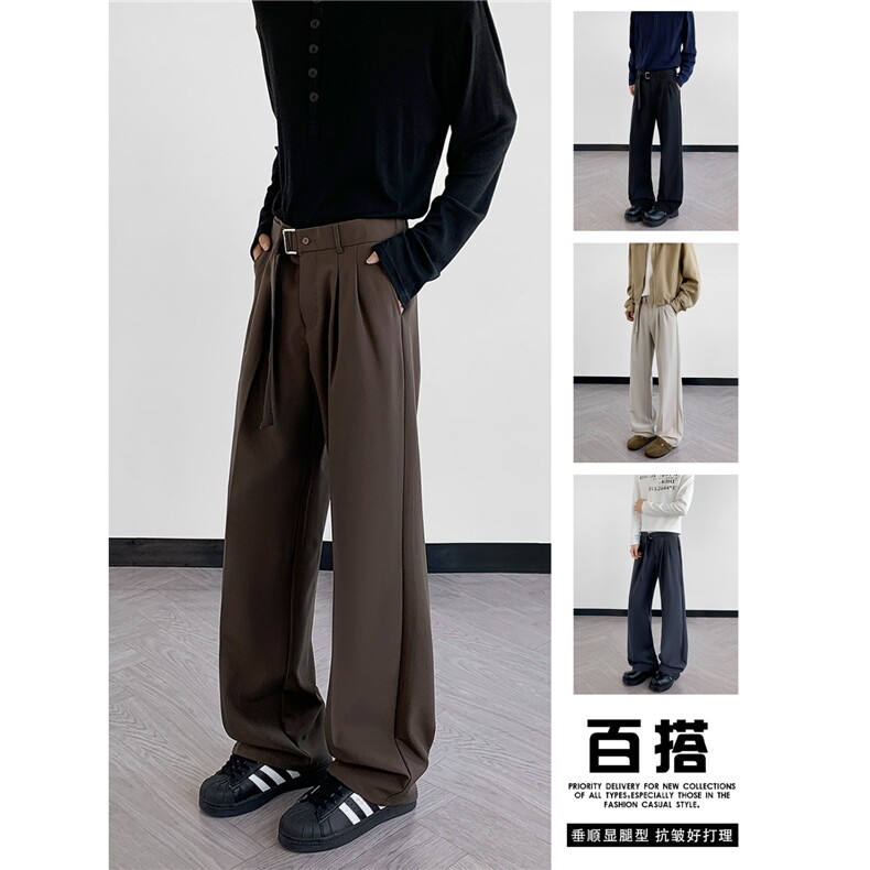那不勒斯男士西裤垂感高级感自带腰带休闲裤子高腰轻奢直筒西装裤,男装西服套装,星座813-2