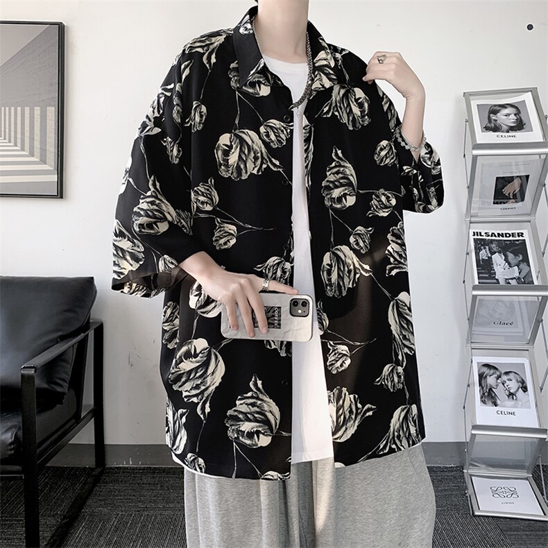 花色短袖衬衫港风日系设计感小众衬衣潮ins痞帅宽松A071-C41-P38,男装T恤,电商A071