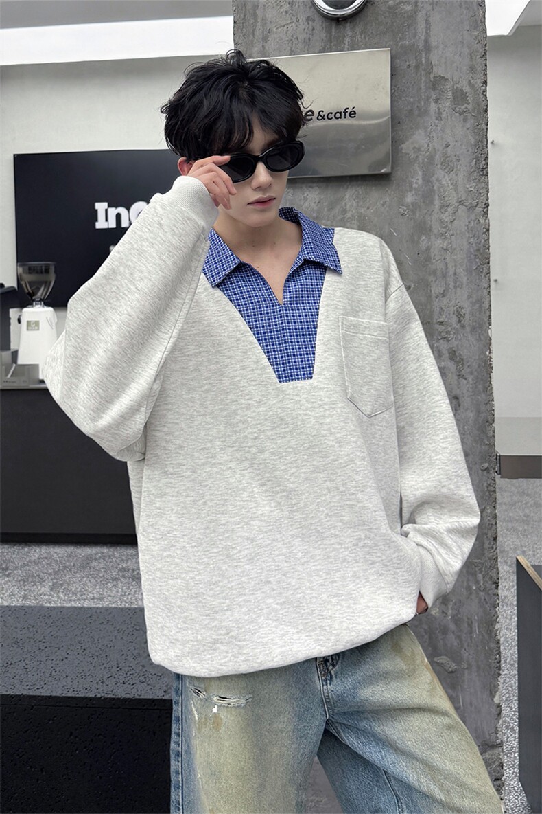 WY10153-特P48控88小众撞色面料拼接格子假两件大码男宽松卫衣,男装卫衣,电商A059