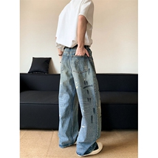 美式复古水洗泼墨涂鸦牛仔裤夏季潮流宽松百搭直筒裤，男装牛仔裤，星座410-6（原星座1304-1）