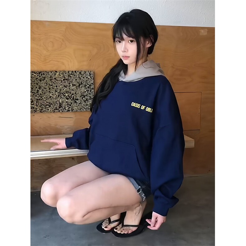 藏青色重磅连帽卫衣男春季高级感美式cleanfit硬挺短款情侣装外套,女装短外套,四季星座505