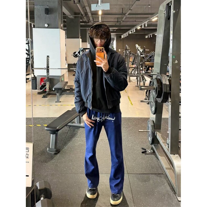 刺绣藏蓝微喇男女显瘦美式运动百搭直筒休闲裤松弛感卫裤HW39P42,男装休闲裤,星座1112-1