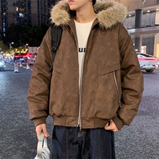 现货扎染PU皮棉服男冬季加厚连帽棉衣座山雕大毛领外套M090-P120，男装棉衣，星座308B-2