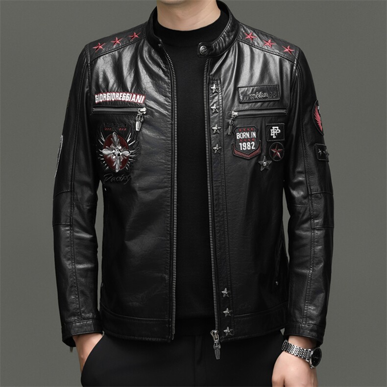 BG-F6686春秋款海宁男式头层牛皮真皮皮立领修身休闲皮夹克，男装皮衣，电商B360A（原721A）