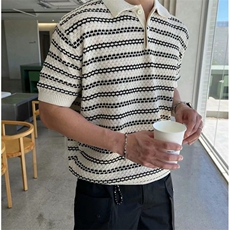 轻熟薄款老钱风翻领几何设计短袖体恤半截袖POLO衫PL101/P48特，男装Polo衫，电商A243