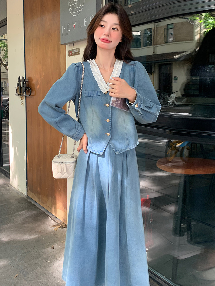 法式蕾丝花边拼接牛仔套装裙女2025春季新款气质温柔风百搭两件套,女装套装/套裙,浙宝305
