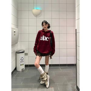 C0218-P55 美式复古字母印花连帽卫衣 学院风学生情侣上衣图片