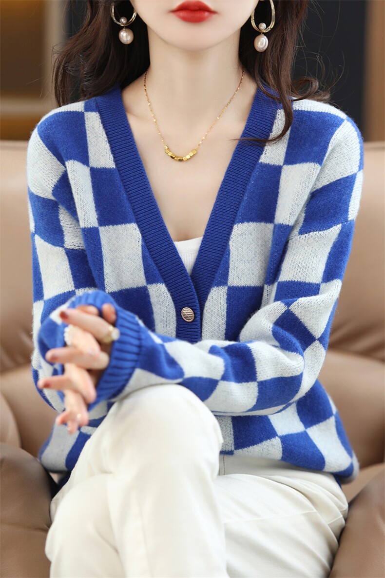 女V领2024秋冬新款短款针织羊毛开衫休闲舒适,女装羊毛衫,斯尔特羊绒