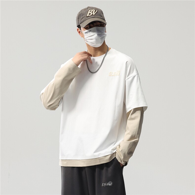 长袖t恤男春秋美式高街潮牌圆领春季宽松假两件卫衣8083-P46控89,男装T恤,电商D215