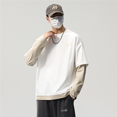 长袖t恤男春秋美式高街潮牌圆领春季宽松假两件卫衣8083-P46控89，男装T恤，电商D215