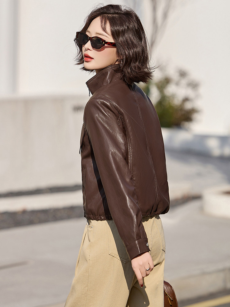 皮衣外套女短款2025新款春季时尚立领小个子休闲机车服皮夹克上衣,女装皮衣,臻衣坊