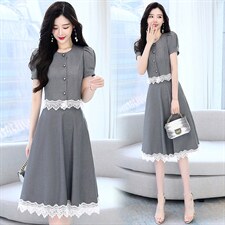 2022夏装新款淑女拼接蕾丝圆领单排扣气质短袖两件套，女装套装/套裙，芭米依尚